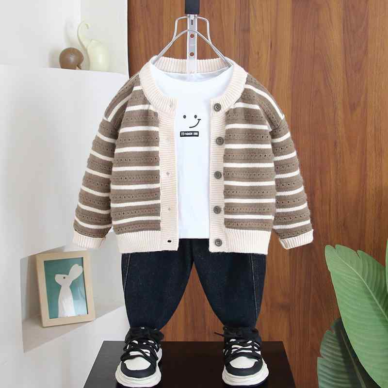 ニット カーディガン 男の子 キッズ ベビー 春物 ストライプ ボーダー柄 ゆったり クルーネック 長袖 シングルボタン トップス アウター 韓国風 カジュアル 普段使い 柔らかい 肌触り