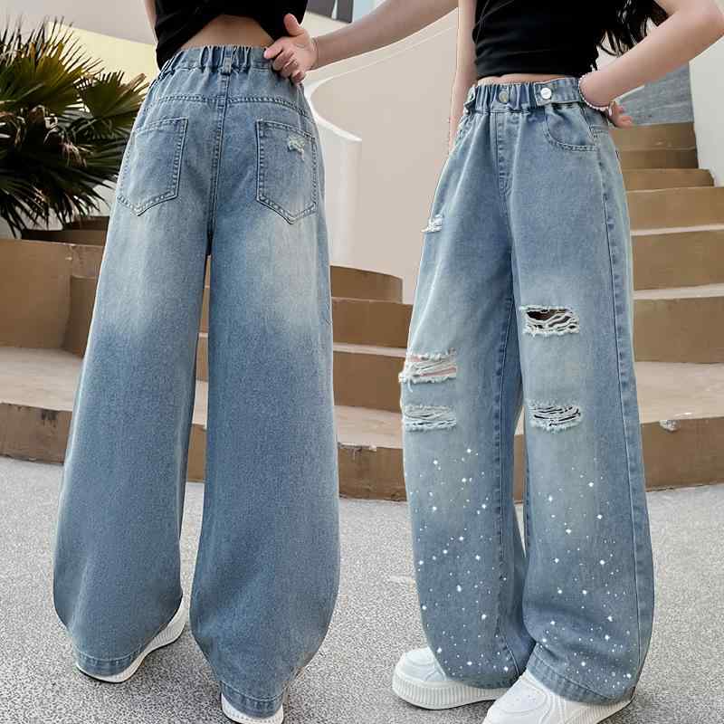 デニム 女の子 キッズ ガールズ ラインストーン ダメージ加工 ワイドストレート ハイウエスト ゆったり ルーズ コットン 綿 春夏 カジュアル 普段使い ジュニア トレンド