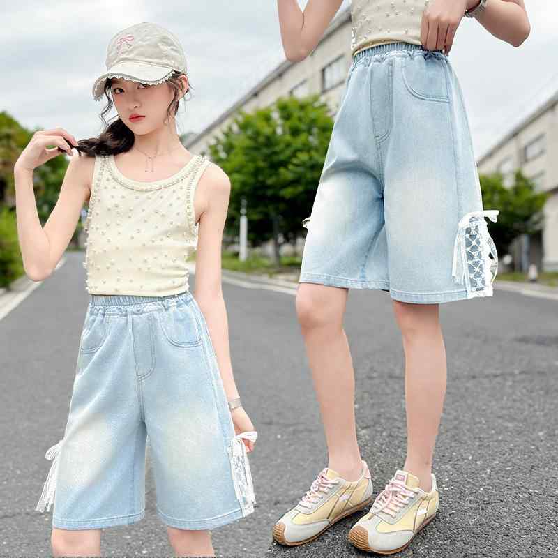 ボトムス パンツ 女の子 ジュニア デニム ショート丈 ハーフ丈 リボン コットン 綿 ソフト加工 無地 ハイウエスト ウエストゴム 韓国風 普段使い 薄手 春夏