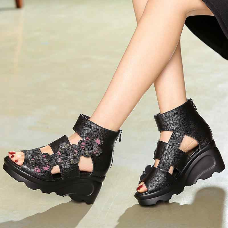 サンダル レディース 本革 中国風 民族風 ローマ風 花柄 カットアウト オープントゥ ウェッジソール ミ..