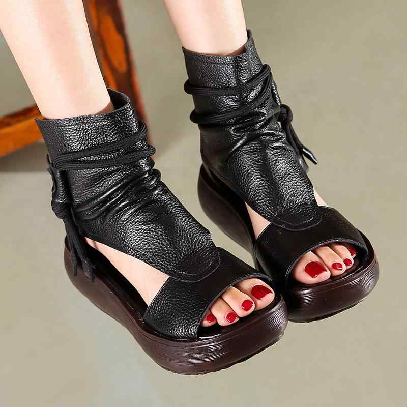 サンダルブーツ レディース 本革 厚底 ウェッジソール ソフトアッパー ソフトソール 中国風 民族風 エ..