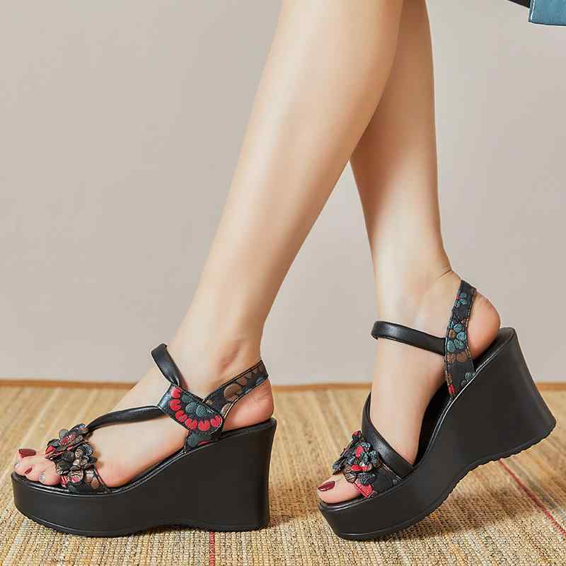 サンダル レディース ウェッジヒール 厚底 ハイヒール 民族風 中国風 箔押しプリント エスニック柄 ワ..