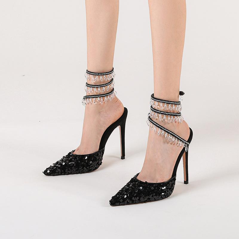 サンダル レディース 春夏 ポインテッドトゥ 細ヒール スティレット ハイヒール 蛇モチーフストラップ ..