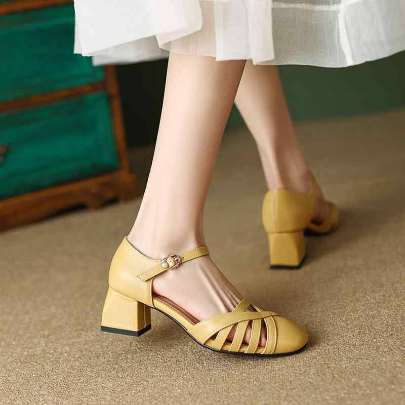 サンダル レディース ラウンドトゥ バックル ワンストラップ 超繊維 太ヒール ミドルヒール 通勤 オフ..