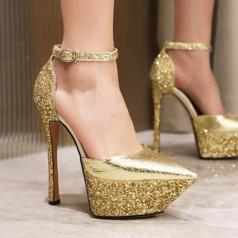 サンダル レディース ポインテッドトゥ アンクルストラップ スパンコール プラットフォーム ハイヒール..