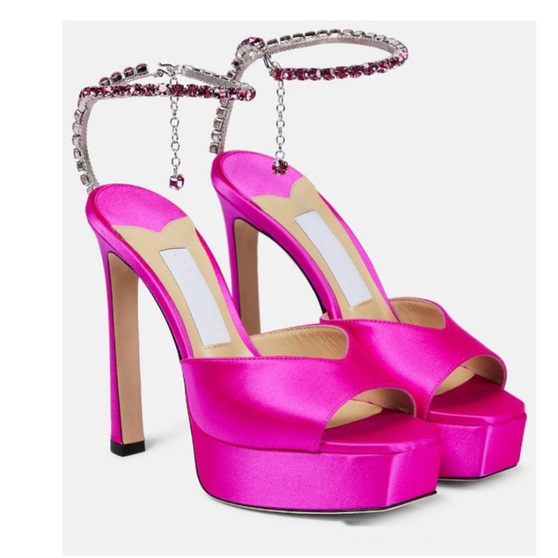 サンダル レディース スクエアトゥ 太ヒール ハイヒール 厚底 チェーンストラップ オープンバック サテ..