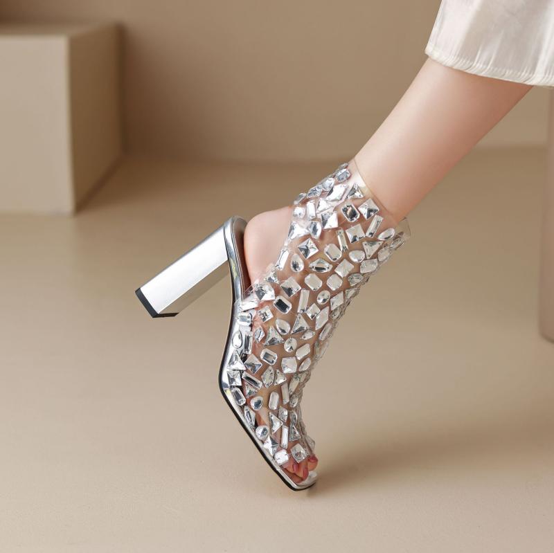 サンダル レディース 大きいサイズ 欧米風 ラインストーン スクエアトゥ オープントゥ サイドジップ 太..