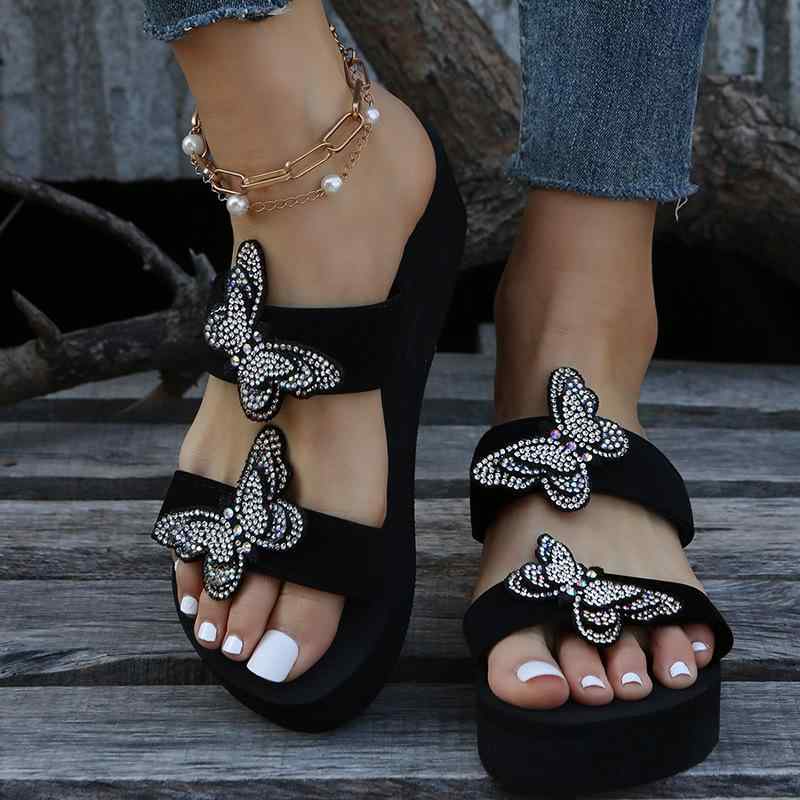 ミュール レディース ラインストーン 蝶 バタフライ ウェッジソール 厚底 韓国風 ファッション サンダ..