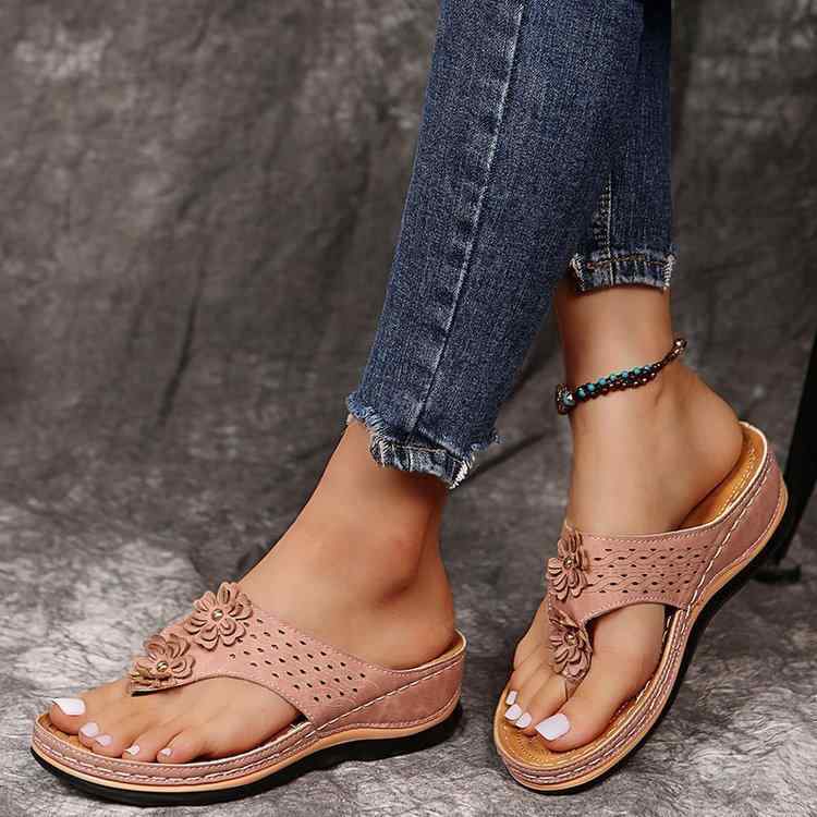 シューズ レディース 厚底 ウェッジソール トングサンダル 大きいサイズ カジュアル 普段使い タウンユース 花柄 ステッチデザイン PUレザー PUレザーインソール 春夏