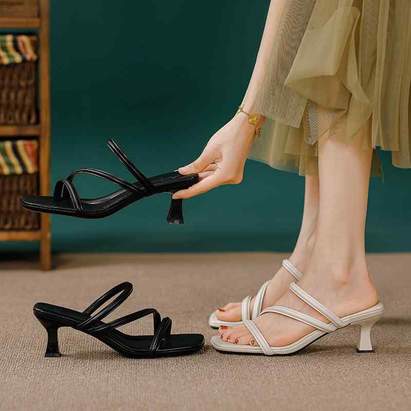 サンダル レディース 女性用 スクエアトゥ 細ヒール ハイヒール ワンストラップ ミュール 外出 普段使..