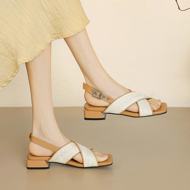 サンダル レディース フレンチ レトロ ローマサンダル トゥリング ローヒール ジュート 麻編み スクエ..