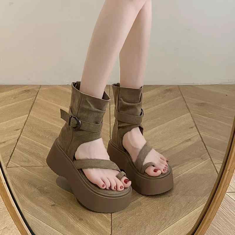 ブーツサンダル レディース 厚底 レトロ グラディエーターサンダル ハイカット トゥリング バックファ..