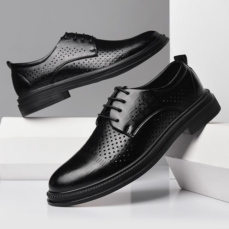 革靴 メンズ 男性用 春夏 パンチング メッシュ 通気性 ビジネス カジュアルシューズ 柔らかソール 耐摩耗性 滑り止め 高級感 ラウンドトゥ 厚底 レースアップ 合成皮革 ブラック(4)