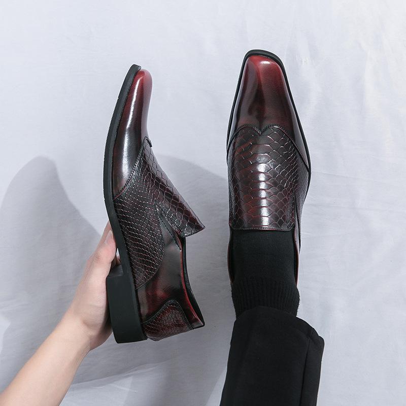 革靴 メンズ ブローグシューズ 厚底 スリッポン ローカット ポインテッドトゥ おしゃれ カジュアル 合成皮革 耐摩耗 ローヒール 大きいサイズ ブラック ワインレッド