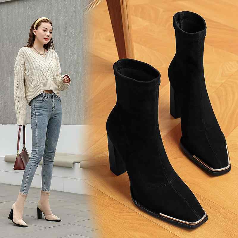 ロングブーツ レディース 騎士ブーツ ジョッキーブーツ 春秋 英国風 ブリティッシュスタイル 太ヒール チャンキーヒール ポインテッドトゥ 羊革スエード スタイルアップ インフルエンサー