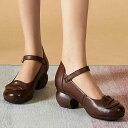 パンプス レディース ミセス マザーシューズ 本革 牛革 レザー レトロ 浅履き バックル ストラップ 太ヒール チャンキーヒール ソフトソール ラウンドトゥ ...
