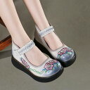パンプス レディース ウェッジヒール 厚底 牛革 本革 刺繍 花柄 ラウンドトゥ レトロ ヴィンテージ 民族風 エスニック ボヘミアン スクールスタイル カジュ...