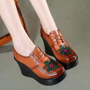 パンプス レディース 本革 牛革 厚底 ウェッジソール 6-8cmヒール ラウンドトゥ エスニック風 レトロ 手作り 花柄 ミセス ママ 春秋 普段使い お出か...