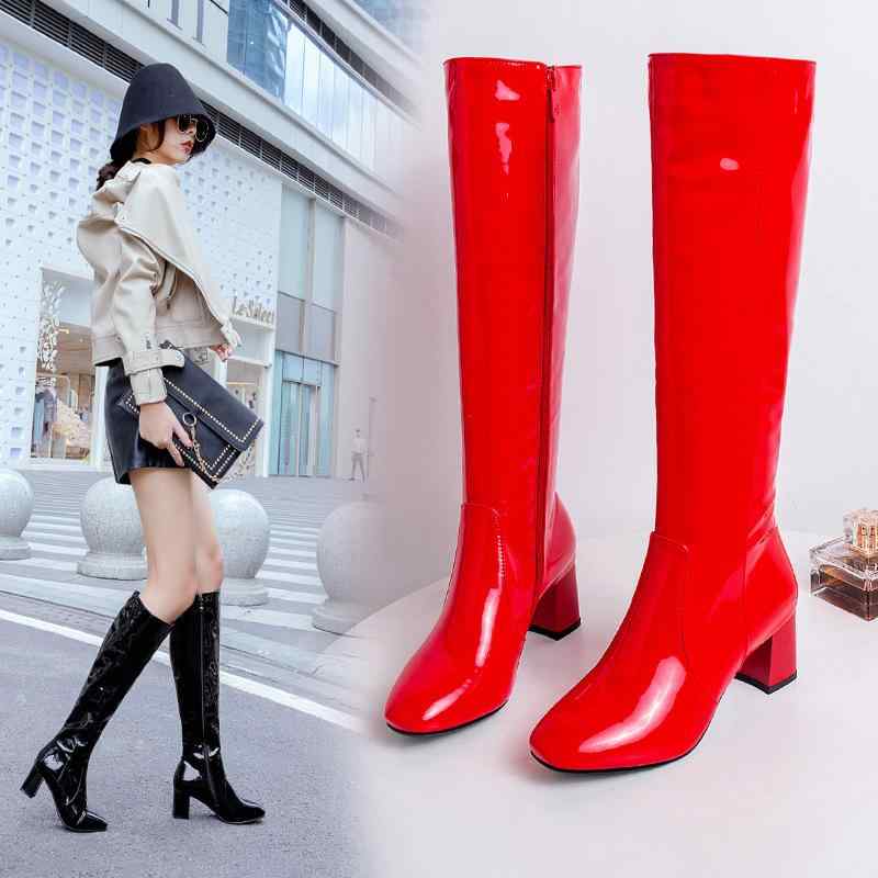ブーツ レディース ロング丈 エナメル PUレザー ライディングブーツ ジョッキーブーツ 太ヒール チャンキーヒール スクエアトゥ サイドジップ フェイクファー裏地 シンプル 秋冬 ブラック ホワイト レッド