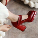 パンプス ハイヒール シューズ レディース 女性用 マジックテープ ストラップ スクエアトゥ 太ヒール チャンキーヒール 春秋 合成皮革 パーティ オフィス 通...