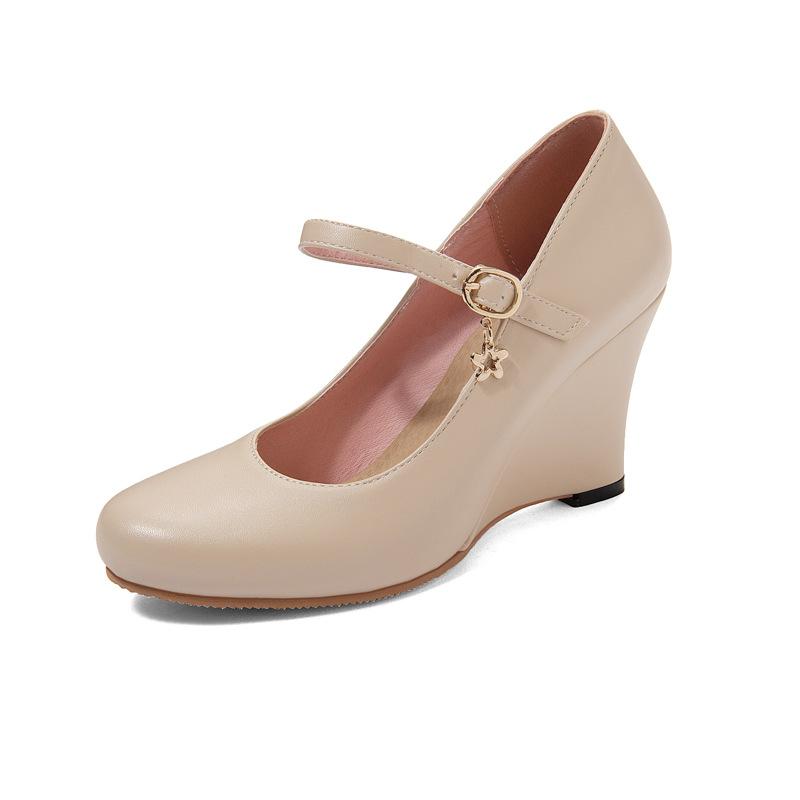 パンプス レディース 女性用 ウェッジソール ハイヒール 厚底 ラウンドトゥ 浅履き ストラップ バックル 大きいサイズ 合成皮革 フェイクレザー 春秋 普段使...