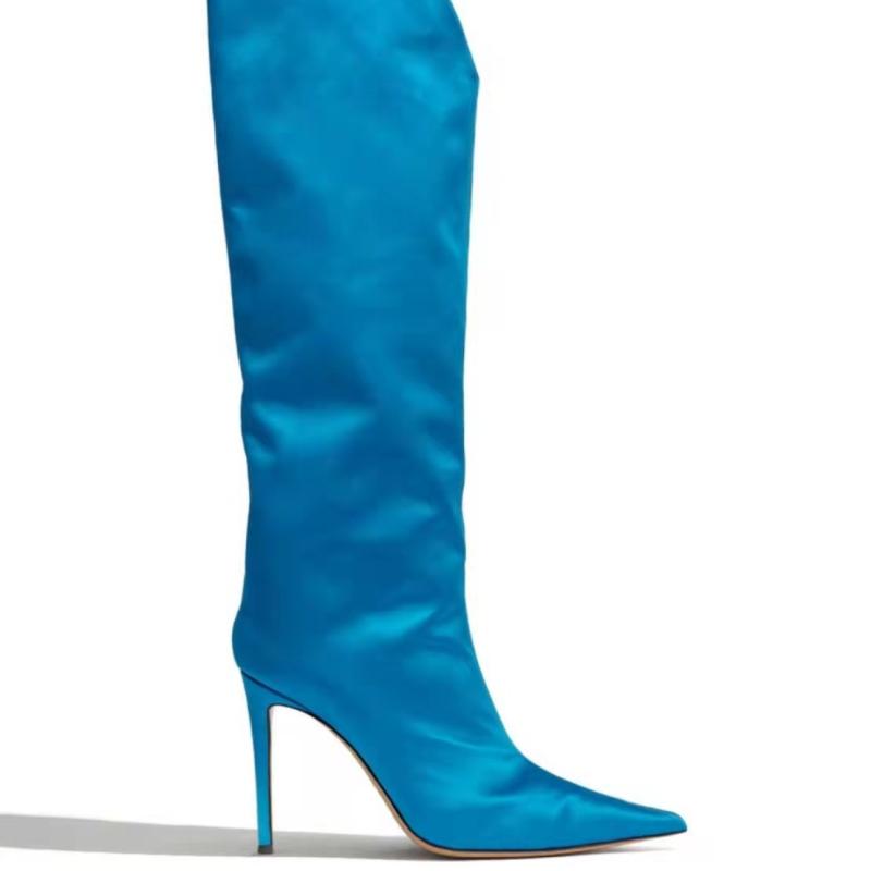 ロングブーツ レディース ポインテッドトゥ ピンヒール サテン スリッポン 大きいサイズ 女性用 美脚 ..