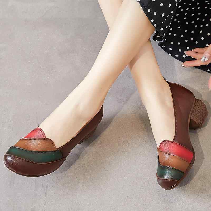 パンプス レディース ママシューズ ミセス向け 本革 牛革 ラウンドトゥ 民族調 スリッポン 快適 歩きやすい プリント切り替え ヴィンテージ加工 太ヒール 高ヒール 6-8cm 浅履き 日常使い 通勤