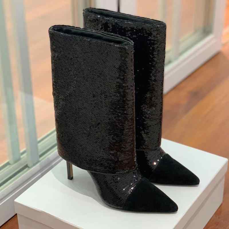 ショートブーツ レディース きれいめ 脚長効果 ポインテッドトゥ 8cm スティレットハイヒール スパンコール スエード調 ゴム底 スリッポン 保温 秋冬