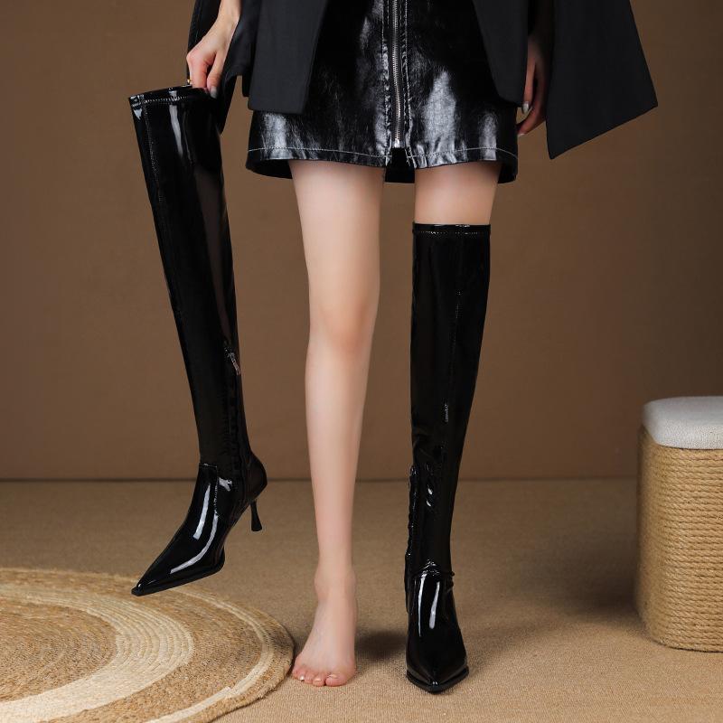 ブーツ レディース エナメル ニーハイブーツ オーバーニーブーツ 秋冬 欧米スタイル ファッション ハイヒール ピンヒール ポインテッドトゥ サイドジップ 細見え 脚長効果 ブラック 保温