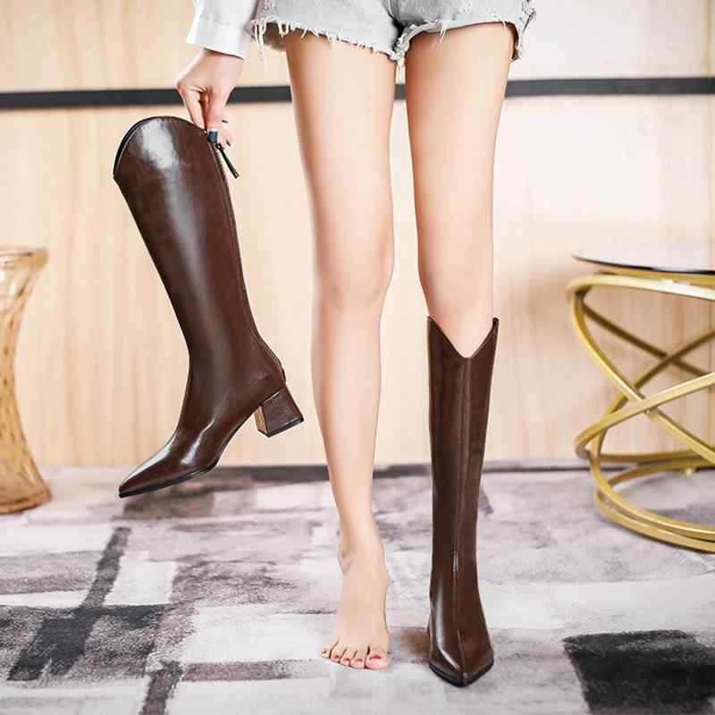 ブーツ レディース 太ヒール チャンキーヒール ポインテッドトゥ Vカット ロング丈 ロングブーツ ジョ..