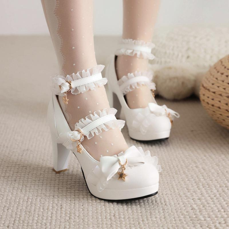 パンプス レディース ロリータ かわいい リボン フリル プリンセス フェアリー ラウンドトゥ 太ヒール ハイヒール PUレザー 普段使い お出かけ