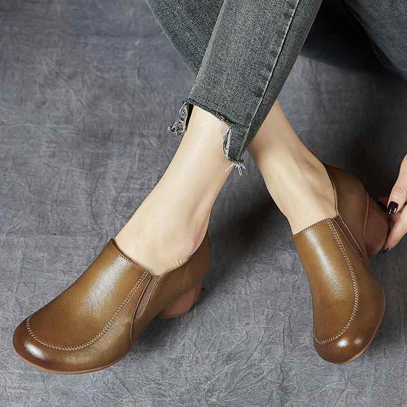 パンプス レディース ママ シニア向け 本革 牛革 ラウンドトゥ 太ヒール エスニック レトロ 普段使い デイリー 春秋 スリッポン