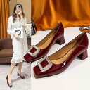 パンプス レディース 太ヒール ミドルヒール スクエアトゥ エナメル レッド 歩きやすい 疲れにくい 安定感 ウェディング 結婚式 お呼ばれ パーティー フォー...