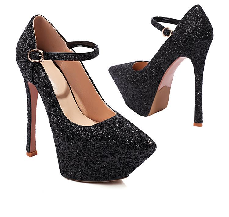 パンプス レディース ポインテッドトゥ スパンコール グリッター ストーム 厚底 ストラップ ピンヒール 超ハイヒール 豚革 羊革 本革 結婚式 パーティー フ...