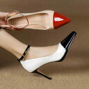 パンプス レディース ポインテッドトゥ ピンヒール ストラップ バイカラー 浅履き 大きいサイズ 羊革インソール オフィス 通勤 結婚式 デイリー 春夏 レッド...