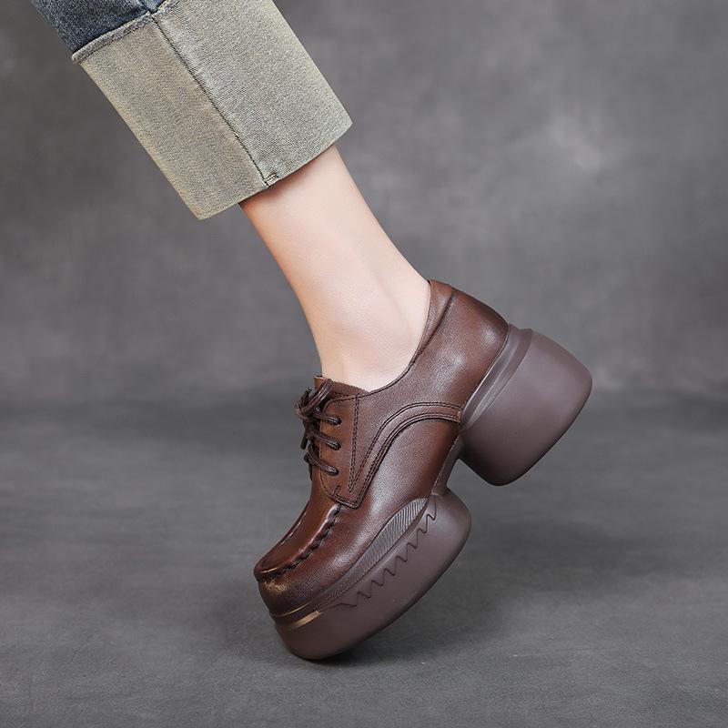ローファー レディース 女性用 本革 レトロ 牛革 ラウンドトゥ 高ヒール 厚底 チャンキーヒール プラットフォーム 低身長向け 小柄 レースアップ ローカット 春夏 カジュアル 普段使い オフィス ブラウン ブラック