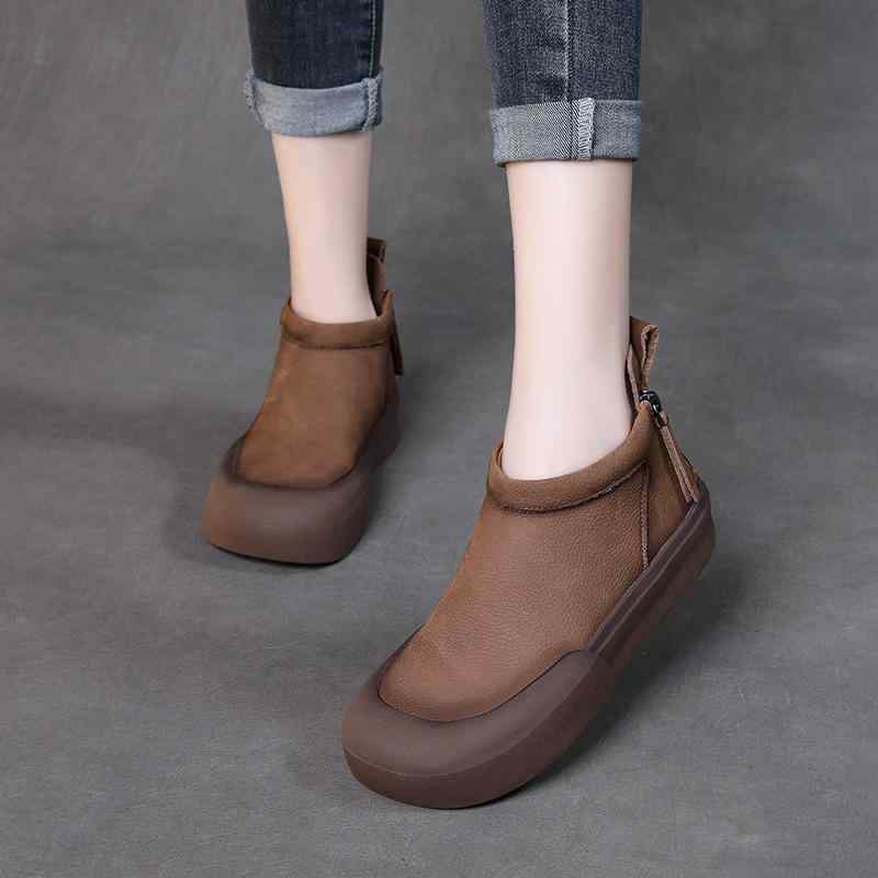 ショートブーツ レディース 本革 牛革 バックジップ ローヒール クッションソール ラウンドトゥ アンク..