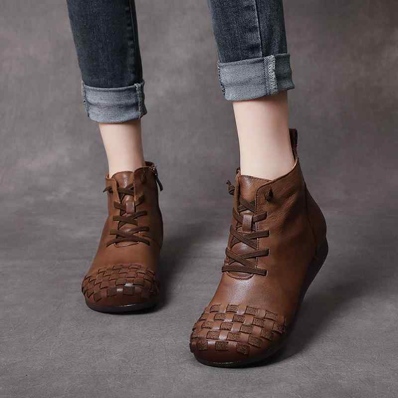 ショートブーツ レディース 女性用 民族風 エスニック柄 本革 リアルレザー 牛革 手編み ハンドメイド フラット ぺたんこ ソフトソール ゴム底 滑り止め サイドジップ 裏ボア ラウンドトゥ カーキ ブラウン 秋冬