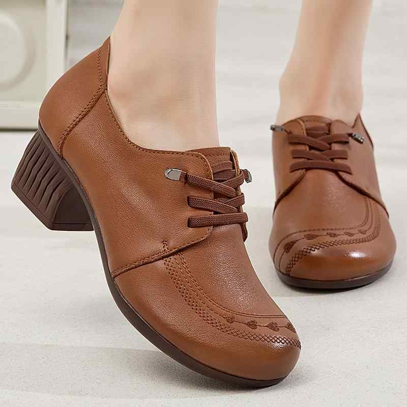 レディース パンプス 牛革 スリッポン 中ヒール 太ヒール 快適 民族風 刺繍 シンプル おしゃれ クラシカル ラウンドトゥ 浅口 ブラック オレンジ 春秋