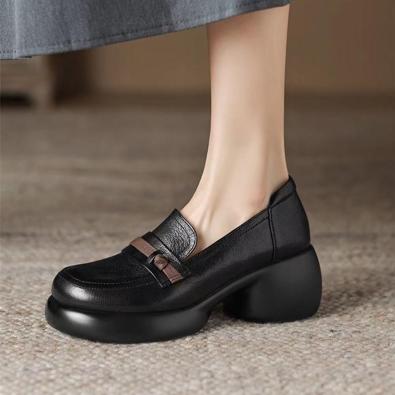 ローファー レディース 厚底 スリッポン ラウンドトゥ ソフトレザー チャンキーヒール 太ヒール 切り替え バイカラー 英国風 カジュアル 通勤 通気性 春秋