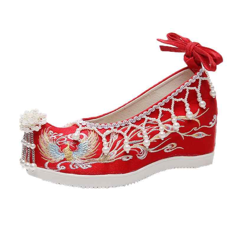 ウェディングシューズ レディース チャイナ風 民族風 鳳凰牡丹刺繍 手作りビーズ装飾 インヒール ウェ..