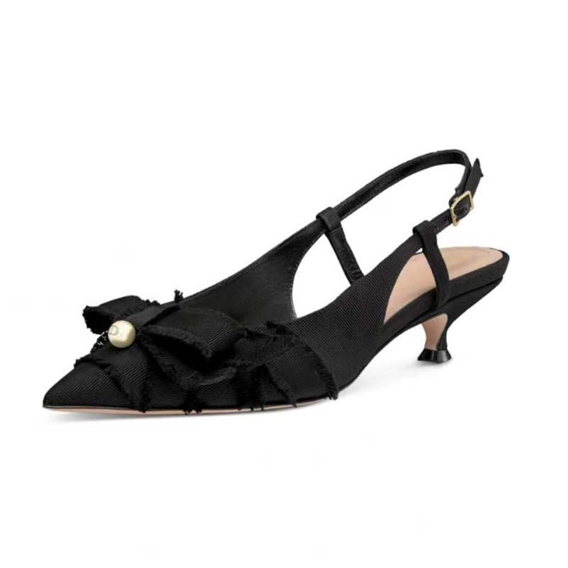 パンプス レディース ポインテッドトゥ リボン パール フリンジ アンクルストラップ チャンキーヒール 太ヒール ミドルヒール メッシュ素材 ブラック 黒 日常使い オフィス 通勤