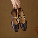 メリージェーン パンプス レディース 羊革 スクエアトゥ コインデザイン フレンチレトロ ローヒール チャンキーヒール 春秋 通勤 デイリーユース ブラウン レ...