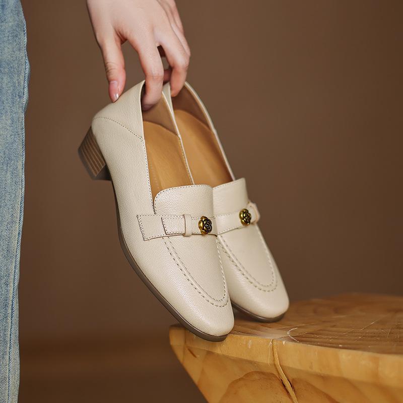 ローファー レディース 羊革 スリッポン 太ヒール チャンキーヒール ミドルヒール ラウンドトゥ 浅履き..