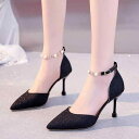 パンプス レディース 女性用 ポインテッドトゥ 浅口 細ヒール ハイヒール ワンストラップ バックル エナメル調 光沢感 結婚式 ブライズメイド パーティー 通...