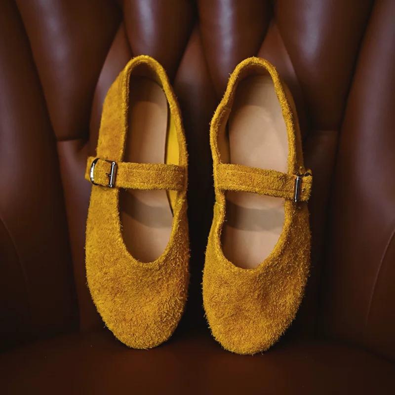 パンプス レディース メリージェーンシューズ 本革牛革 フラットヒール ラウンドトゥ レトロ ワンストラップ 浅履き ブラッシング加工 日常使い カジュアル 春...