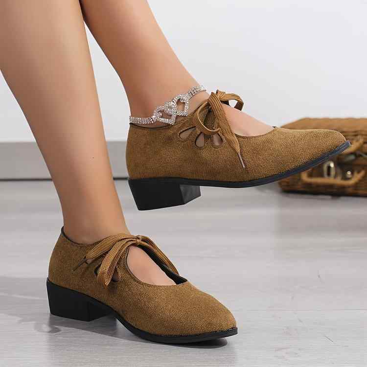 パンプス レディース ポインテッドトゥ チャンキーヒール レースアップ フェイクスエード 欧米風 レトロ 大きいサイズ 春秋 浅履き カジュアル ローヒール ブ...