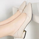 パンプス レディース 女性用 太ヒール ローヒール ポインテッドトゥ 浅履き フラットソール 合皮 革靴 レザーシューズ 無地 ブラック アイボリー 春 通勤 ...