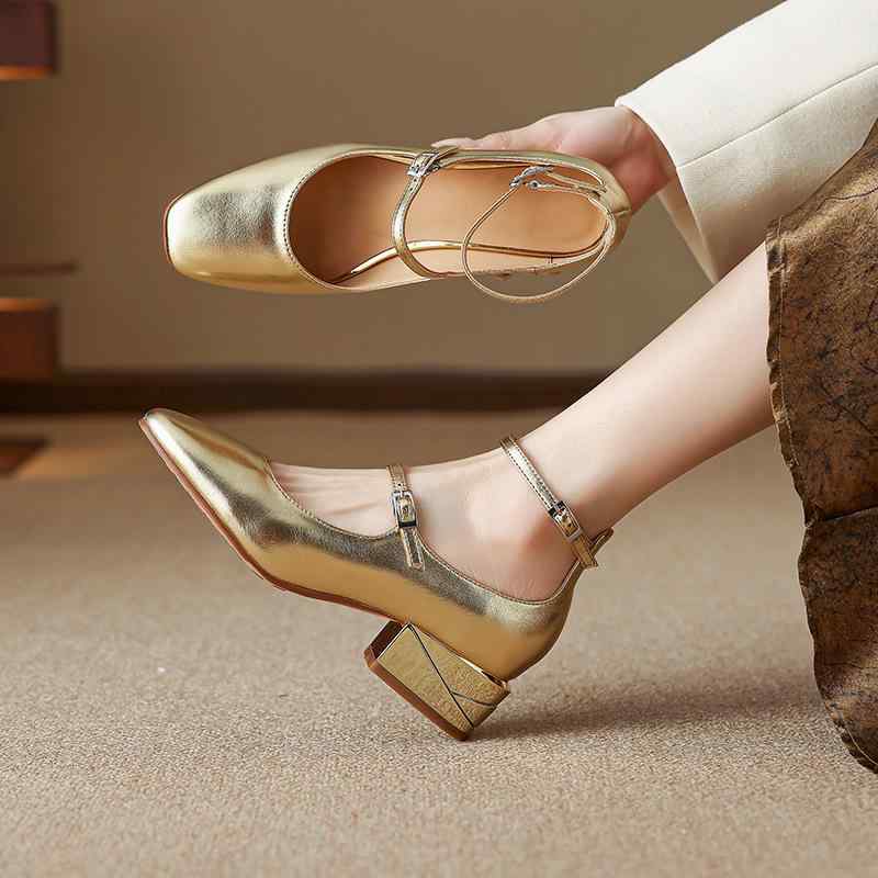パンプス レディース 女性用 フレンチ レトロ 韓国風 エレガント 上品 スクエアトゥ ダブルバックル ストラップ 太ヒール ミドルヒール 羊革 本革 レザー ...