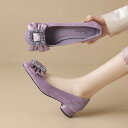 パンプス レディース フレンチスタイル ラインストーン スエード スクエアトゥ 浅口 太めミドルヒール ソフトソール コンフォート 履きやすい 普段使い お出か...